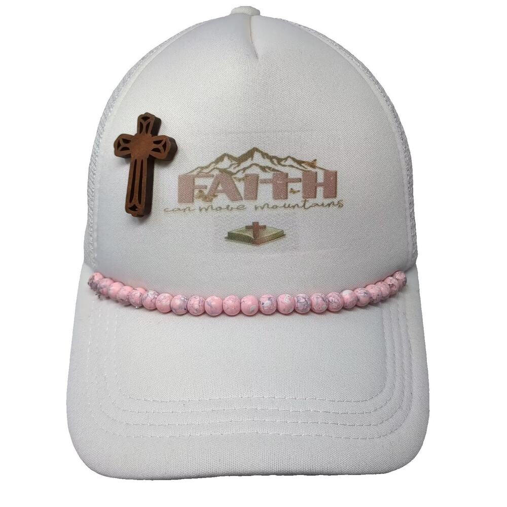 Hobby Lobby Trucker Hat White Pink OS Snapback Faith Cross Beads Adjustable